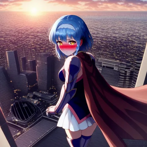 anime girl with blue hair and cape standing on a ledge overlooking a city