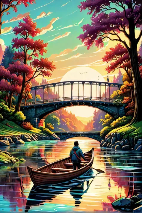 a painting of a man in a boat on a river