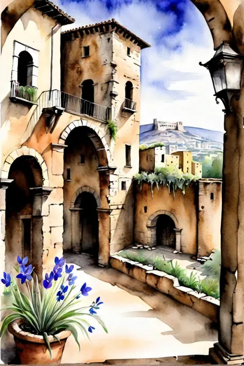 there is a painting of a building with a clock on it, inspired by ettore "ted" degrazia, inside a castle courtyard, watercolor wash, by josefina tanganelli plana, clematis design, ( ( ruins of ancient rome ) ), castle in the distance, by giotto, during spring, art contest winner on behance, fineartamerica