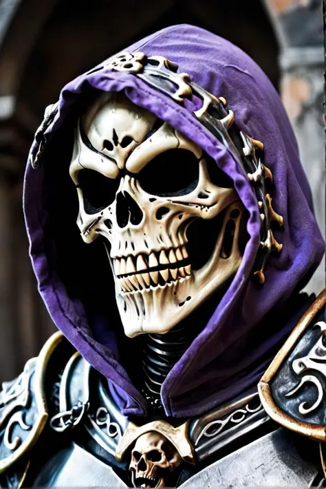 a close up of a person wearing a purple hoodie and a skull mask