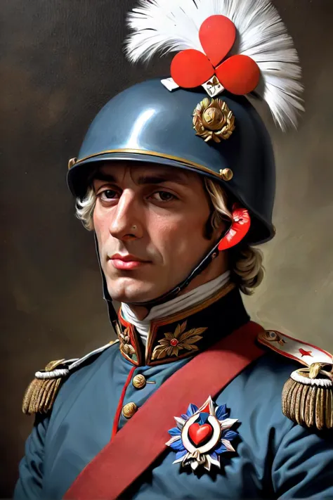 painting of a man in a military uniform with a red flower on his hat