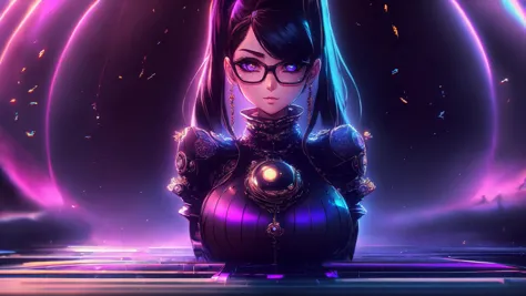 a woman in glasses and a futuristic outfit stands in front of a glowing orb