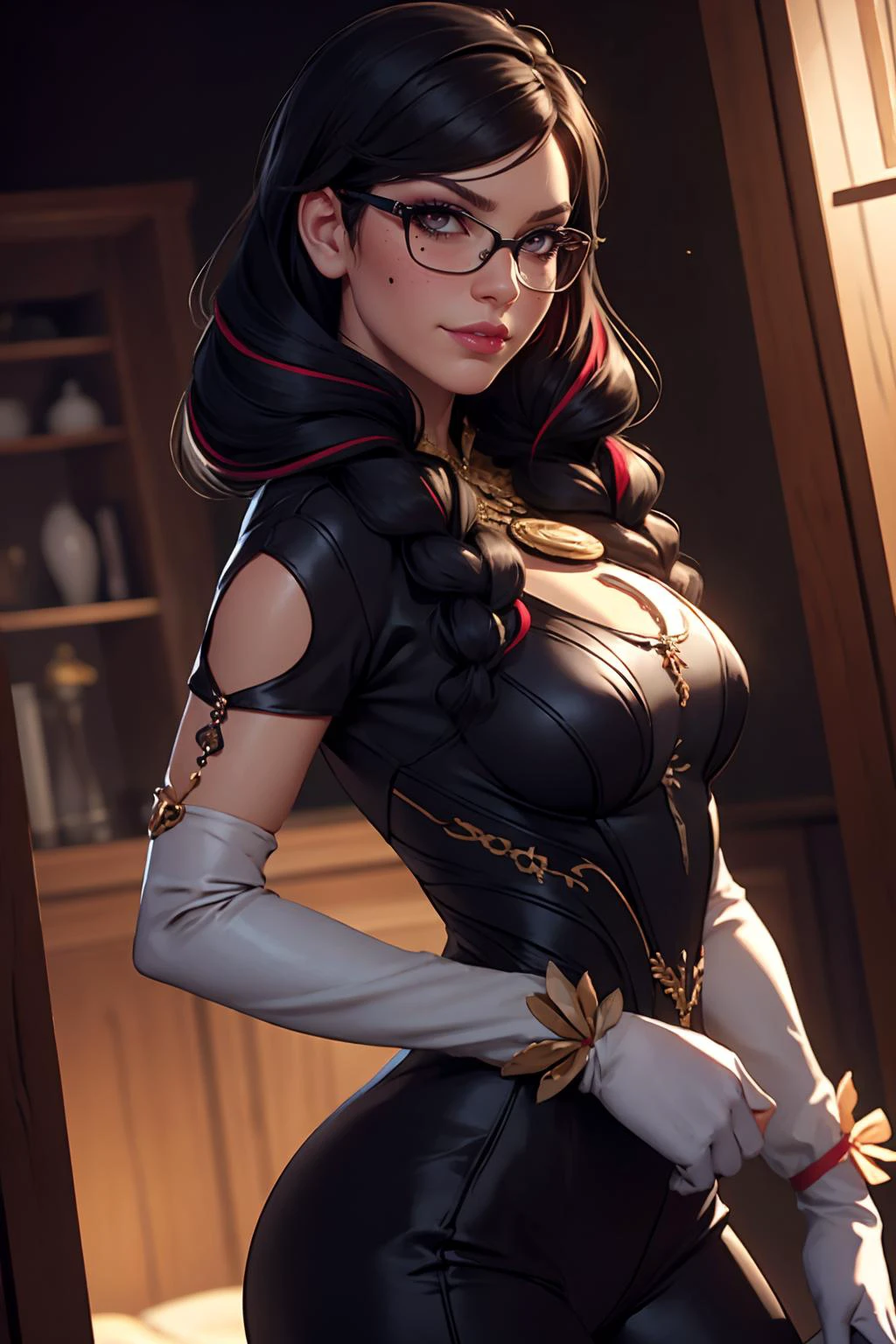 highres, masterpiece, perfect lighting, bloom, cinematic lighting, adult, female, looking at viewer, cowboy shot, [dynamic pose|action pose|glamour shot], dutch angle, (RSEEmma:1.2),bayonetta, smug, smirk, long hair, black hair, gloves, ribbon, jewelry, weapon, braid, multicolored hair, glasses, mole, twin braids, streaked hair, clothing cutout, makeup, lipstick, mole under mouth, eyeshadow, amulet,