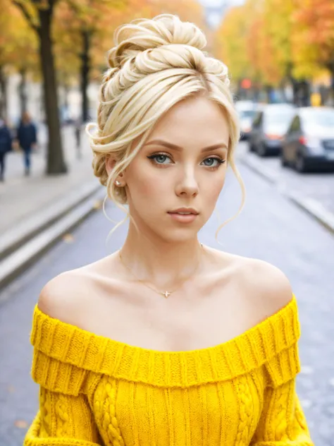epic35mm, bibijones, a closeup photo of a beautiful  woman, hair in updo, (wearing yellow off shoulder jumper:1.2),,,, (paris st...
