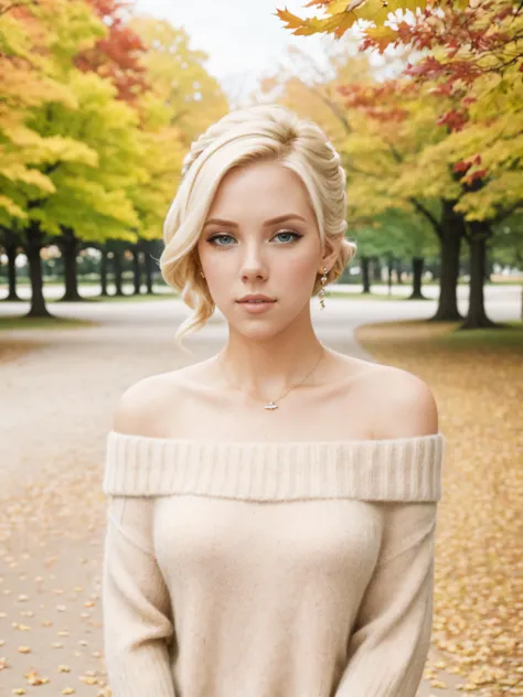 blond woman in off shoulder sweater posing in a park in autumn