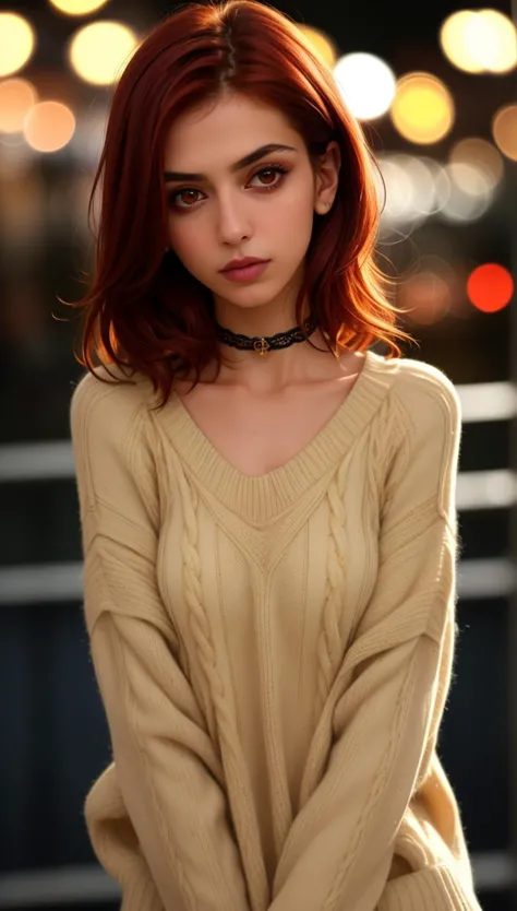 a woman with red hair and a sweater posing for a picture