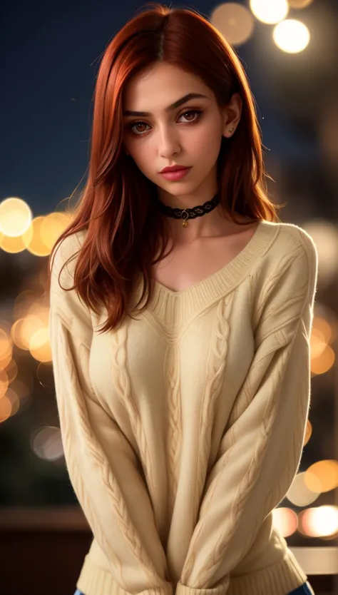 a woman with red hair and a white sweater posing for a picture