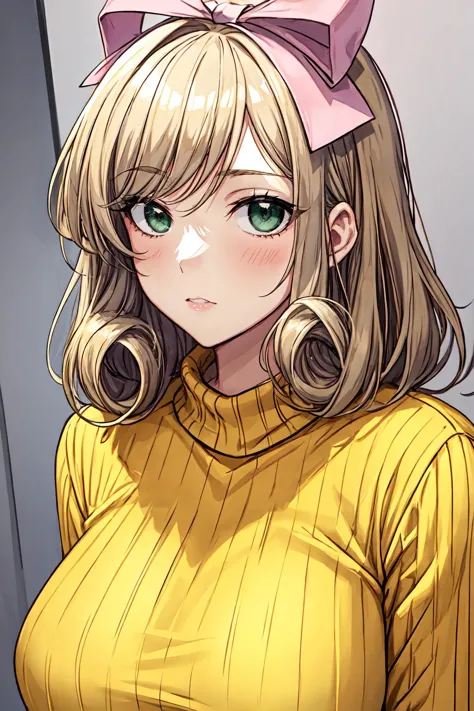 closeup, portrait, a girl, blonde, big breasts, haruka_senran, blonde, hair bow, hair ribbon, BREAK, (green eyes:1.4), BREAK, (yellow sweater:1.4)
<lora:harukasenran:0.7>
<lora:add_detail:0.7>
<lyco:GoodHands-beta2:0.7>