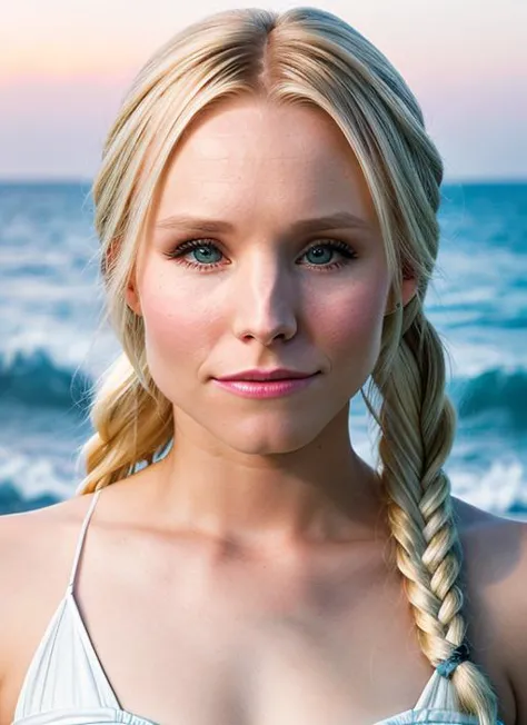 arafed blonde woman with braid hair standing on the beach