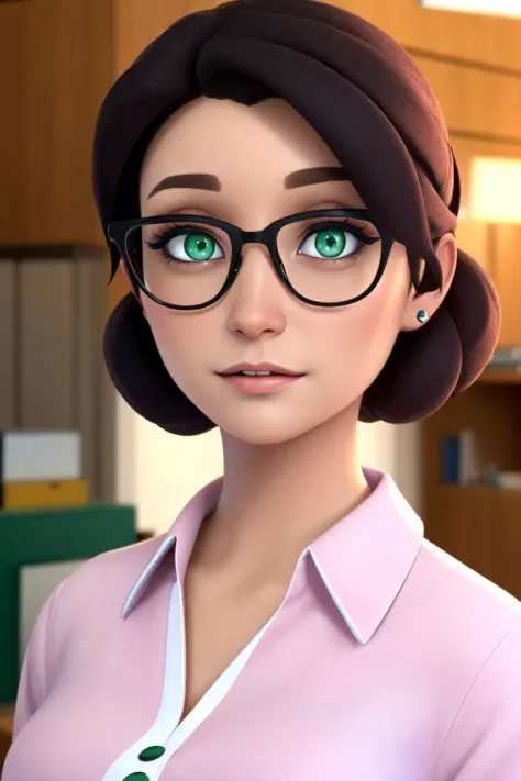 (rule of thirds), (masterpiece), (highly detailed), (mspauling, 1girl, green eyes, black hair, short hair, glasses, bun) (office background,)  