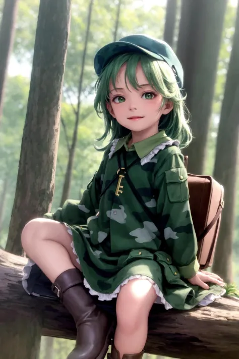 masterpiece, best quality,  <lora:YamashiroTakane:1>,
1girl, green hair, solo, hat, nature, forest, boots, camouflage, skirt, tr...