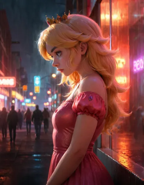 cinematic film still, cute princess peach standing behind a glass. Neon lights, possibly from a cityscape or urban setting, are superimposed on the image, casting a red hue and adding to the ambiance. The background is blurred but suggests an urban environment with reflections and lights. moody and atmospheric tone. The individual's face is partially obscured by what appears to be a smoky or misty effect. princess peach is sad, head slightly tilted. In Casey Baugh's evocative style   <lora:Into_Darkness:0.4>   <lora:Mario1024:0.8> crown, looking at viewer