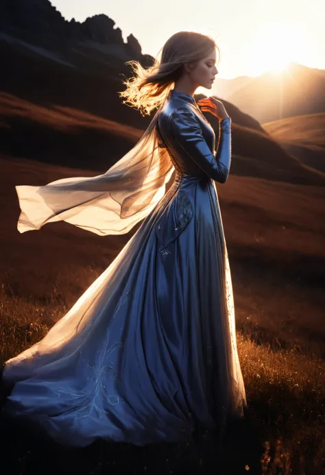 a woman in a blue dress standing in a field with a sun setting behind her