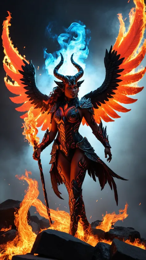 a woman with a sword and wings standing on a rock with fire