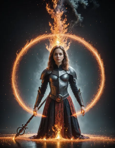 a woman in armor standing in front of a circle of fire