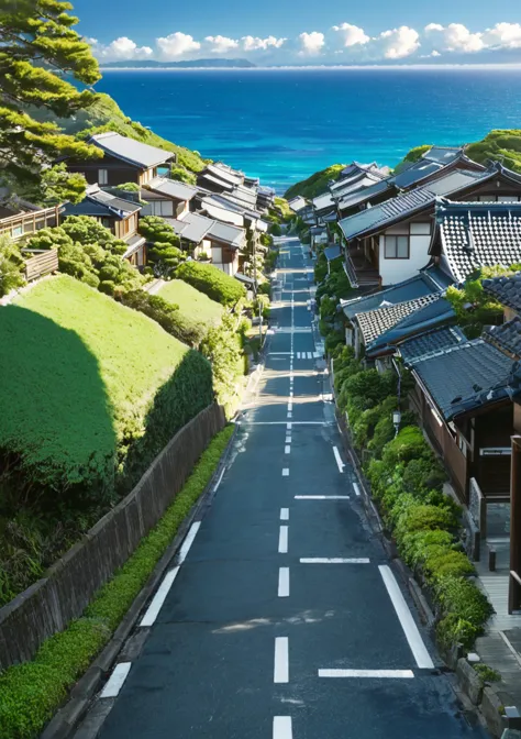 SDXL_2D_Zip, high resolution image of  <lora:detailed_backgrounds_v2:1> absurdres best quality anime aesthetic image of a japanese concrete road lined with traditional houses, a view leading to the blue ocean