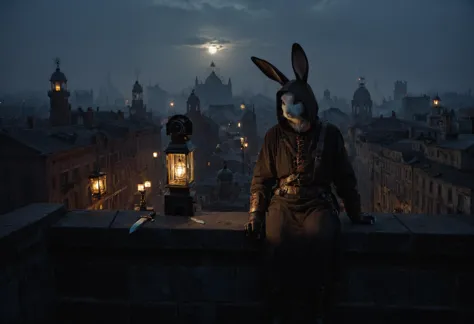 a man in bunny ears standing on a ledge with a lantern