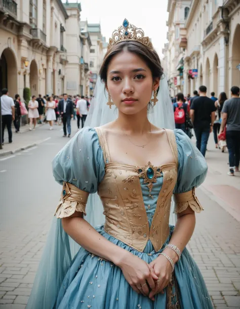 arafed woman in a blue dress and tiable standing in a street