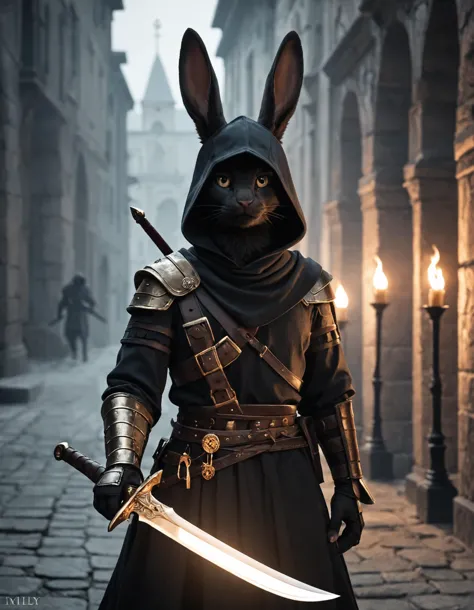 cinematic portrait of score_9_up,score_9,score_8_up,score_8,score_7_up,score_7,fantasy,an anthropomorphic rabbit,black rabbit fur,anthro rabbit,a shadowy figure cloaked in a black and runed hood,a shadowy thief,wielding a dagger gliting in the light,a roman style gladiator wielding a massive multi-headed flail,nigh time steam punk city,dimly lit by fire lanterns,. 85mm lens, f/1.8, dramatic side lighting, moody atmosphere