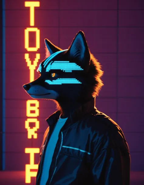 a man in a black jacket and a neon sign with a wolf head