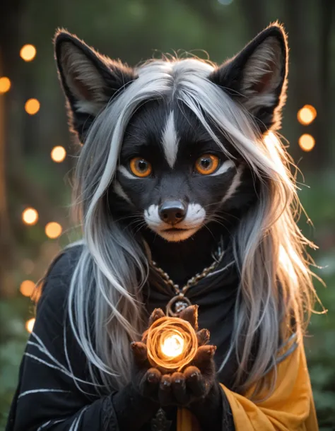 a close up of a person wearing a cat costume holding a light