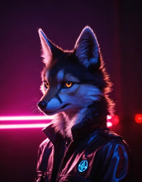 a close up of a wolf wearing a leather jacket with neon lights