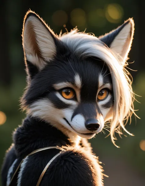 cinematic portrait of score_9_up,score_9,score_8_up,score_8,score_7_up,score_7,IRL,fantasy,a very cute anthropomorphic fox,black fur,silver stripes,silver highlights,anthro fox,fur,black fur,. 85mm lens, f/1.8, dramatic side lighting, moody atmosphere