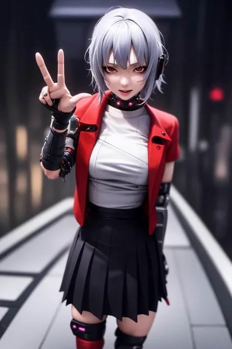 (best quality), (ultra detailed), 1girl, solo,looking at viewer, (interview:1.2), (Cyber background:1.2),(detailed face),
1girl, only 1person, ruins, (cyberpunk:1.4), silver hair, red eyes, breasts, V-sign, white shirt, black Pleated skirt, red jacket, Knee socks, (prosthesis:1.4), standing, film view, Exaggerated Perspective, <lora:koreanDollLikeness_v10:0.3>,