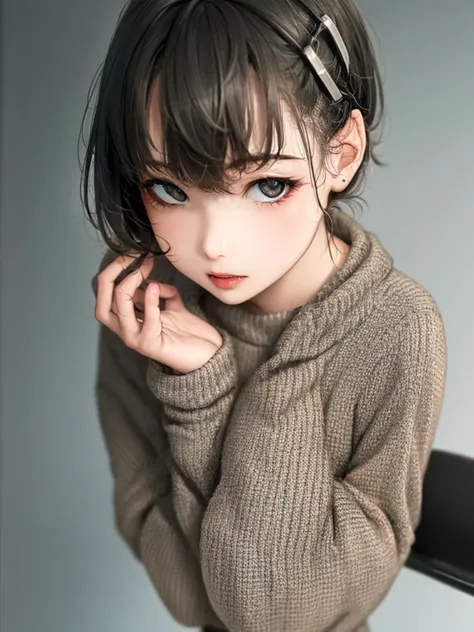 a woman with a brown sweater and a black hair