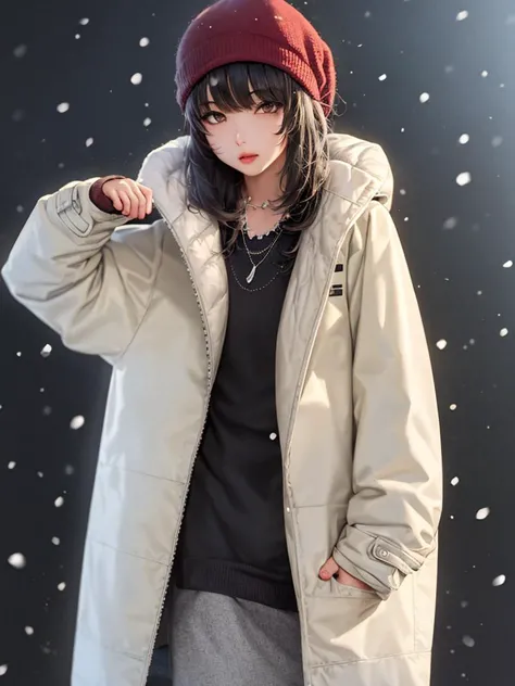 1girl, hand_in_pocket, solo, brown_eyes, hat, lips, necklace, clothes_writing, long_sleeves, coat, snow, (interview:1.2), (dark ...