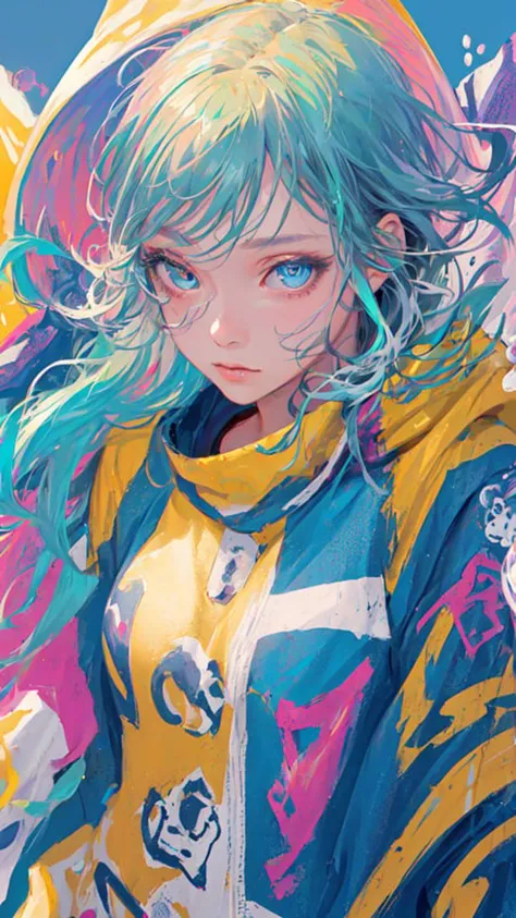 a painting of a girl with blue hair and a yellow jacket