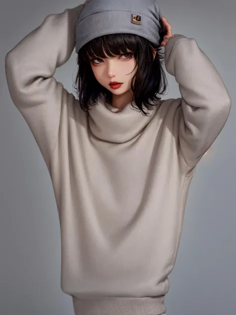 1girl, solo, hat, grey_background, lips, beanie, upper_body, black_hair, long_sleeves, photo_\(medium\), sleeves_past_wrists, re...