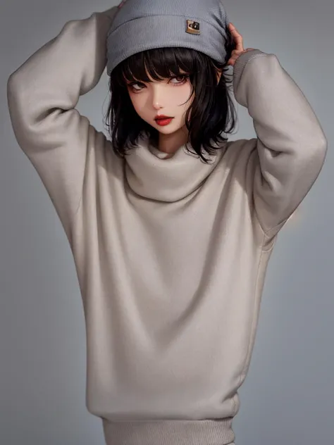 1girl, solo, hat, grey_background, lips, beanie, upper_body, black_hair, long_sleeves, photo_\(medium\), sleeves_past_wrists, red_lips, realistic, looking_at_viewer, bangs