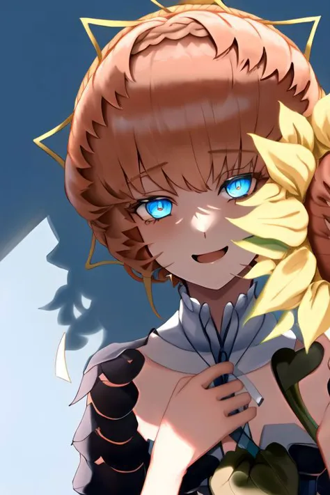 anime girl with blue eyes holding a sunflower in front of a full moon