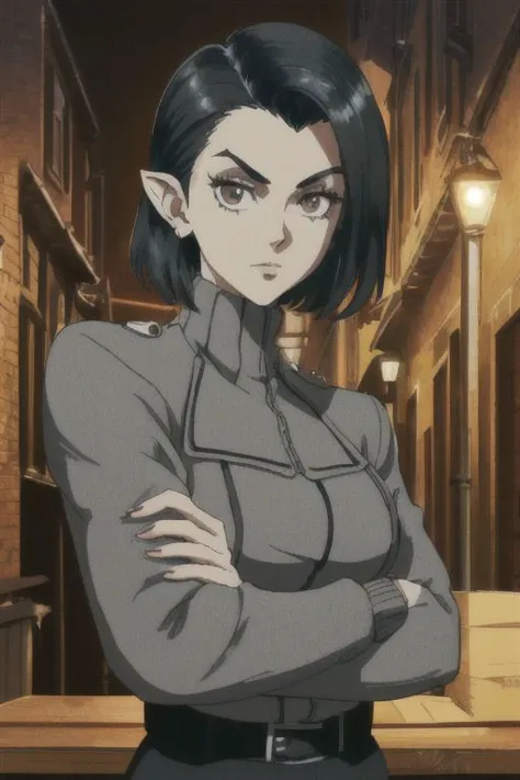 Anime Highly Detailed (Dark) (Night) (Lamplight) (Smoky) (warm) (1940s Detective Film) Solo (Closeup) Portrait (Female) (Feminine) (pale-skin) straight-faced attractive pretty young (Straight Black-haired) (pointy ears) (leather jacket) (sweater) shadow (muscular) muscle lean sporty athletic