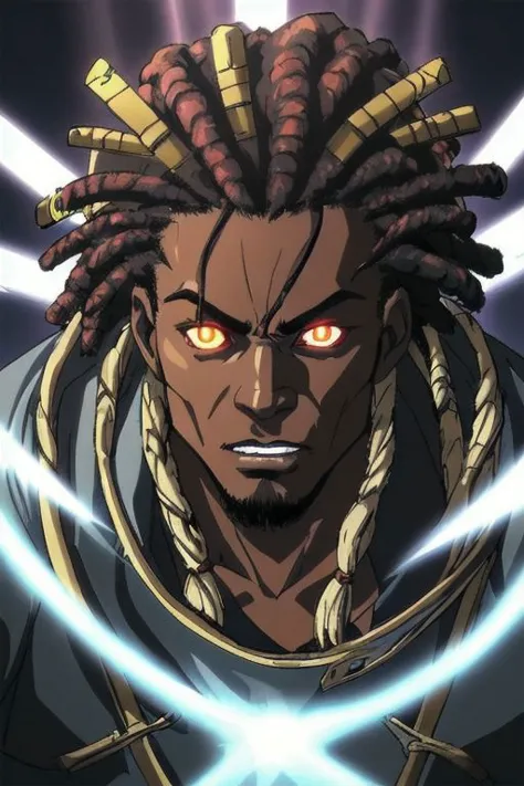 Anime Highly Detailed ((vibrant)) (Dark) ((Samurai)) Solo (Closeup) Portrait (Male) (Man) (Masculine) muscular buff serious (African-American) (red dreadlocks) (Dark-skinned) (Clear eyes) (Glowing Eyes) shadowed (rays of light)