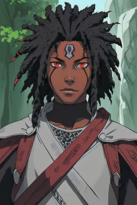 Anime Highly Detailed ((vibrant)) (Dark) (Smoky) (Samurai) Solo (Closeup) Portrait (Male) (Man) (Masculine) face serious (African-American) (red dreadlocks) (Dark-skinned) (Clear eyes) (Glowing Eyes) dark shadowed (rays of light)