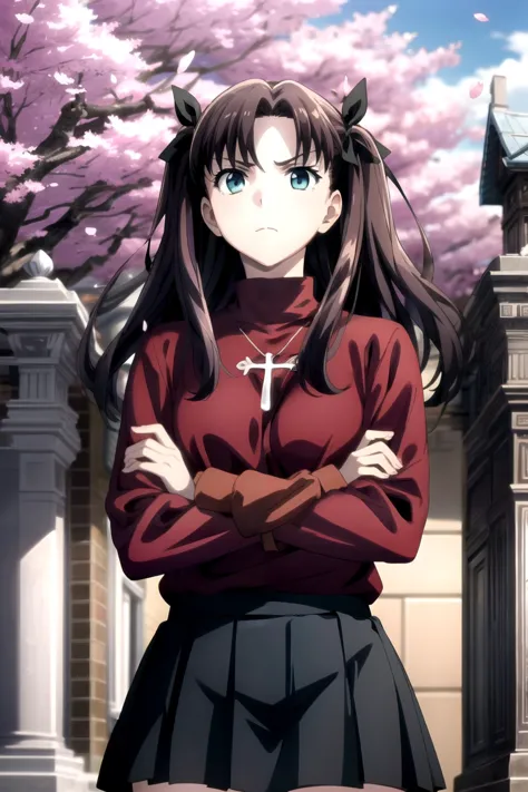 anime girl in a red shirt and black skirt standing in front of a building