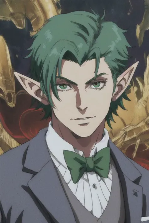 Anime Highly Detailed ((vibrant)) (Dark) (1920s) Solo (Closeup) Portrait (Male) (Masculine) serious handsome (scales) (elf) (business suit) shadow