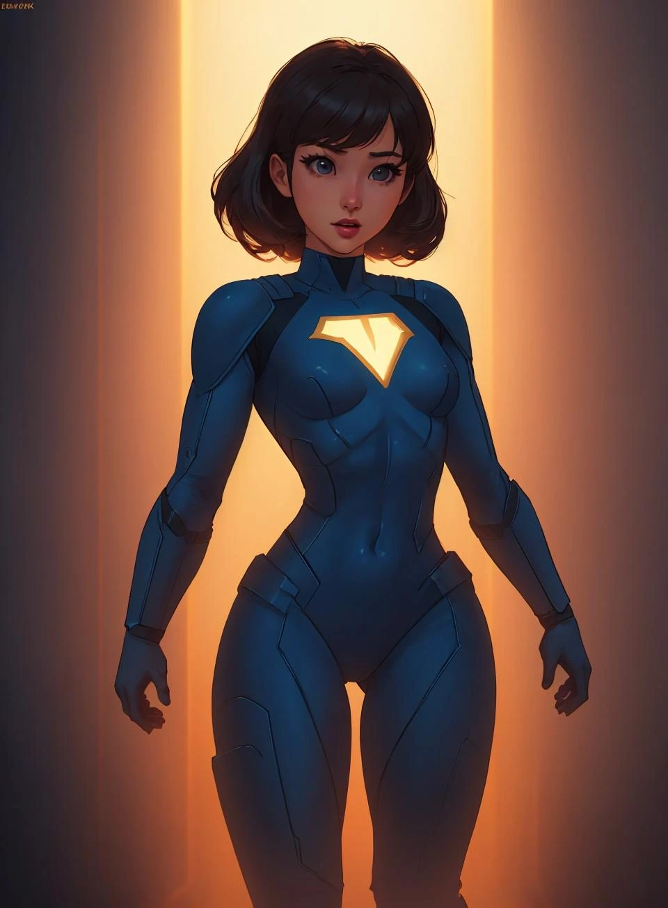 ein süßes Superheldenmädchen, flache Brust, süßer Superheldenanzug mit filmischer Beleuchtung, David Park, Beleuchtung,