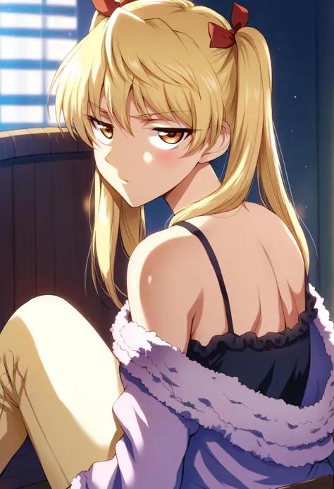 anime girl with blonde hair and blue dress sitting on a couch