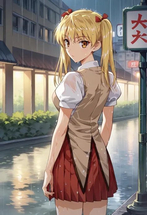 anime girl in a school uniform standing in the rain