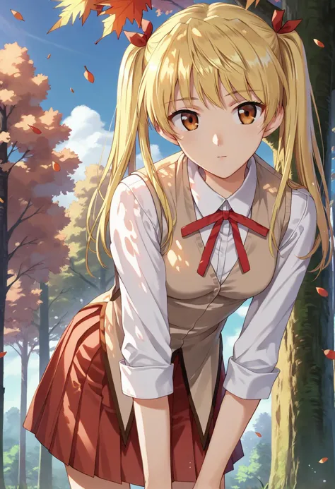 anime girl in a school uniform bending down to pick up leaves