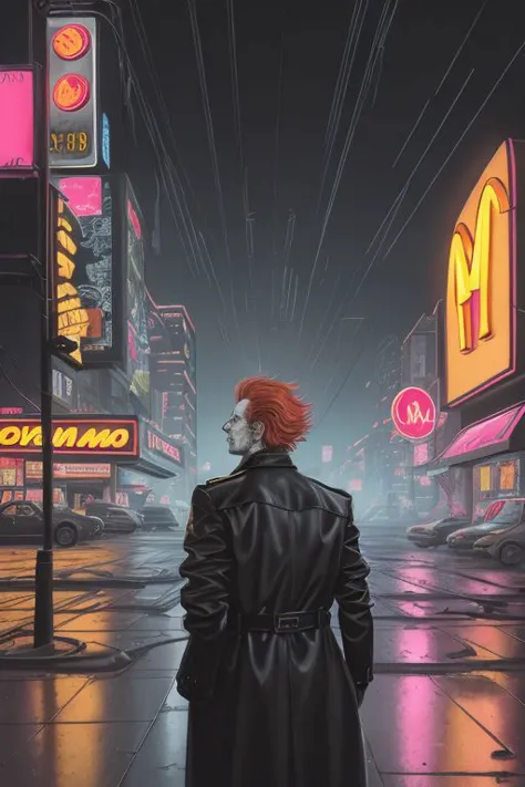 Close-up of Ronald McDonald in a black trench coat, short red hair, neon McDonald's sign, Ligne Claire illustration of Ronald McDonald, Cyberpunk, ligne claire, watercolor, bold ink, dark, dystopian science fiction city, skyscrapers, cables, rain, reflections, neon lights, signs, street, sidelighting, close-up, clown, glowing electronics and circuitry tattoos, neon golden arches, side view, in profile, lightning, fog, science fiction, by Jean-Pierre Gibrat, short red hair, krenkel, golden arches, pink and yellow neon M sign, city, cinematic, clown standing outside post apocalyptic McDonald's exterior, Moebius, nose, yellow and red striped circuitry