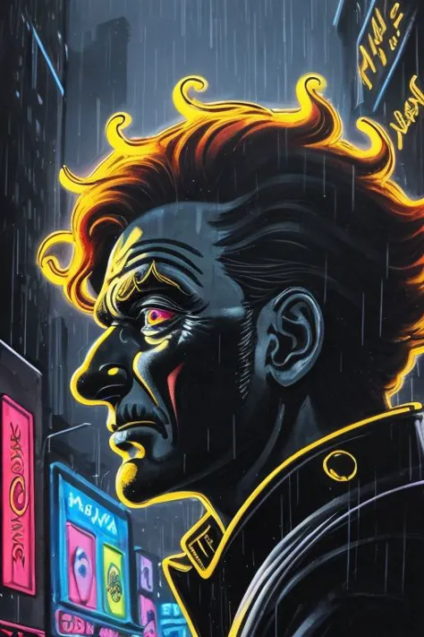 Close-up of Ronald McDonald in a black trench coat, neon McDonald's sign, red nose, Ligne Claire illustration of Ronald McDonald, Cyberpunk, ligne claire, watercolor, bold ink, dark, science fiction, skyscrapers, cables, rain, reflections, neon lights, signs, street, sidelighting, close-up, clown, glowing electronics and circuitry tattoos, neon golden arches, side view, in profile, lightning, fog, science fiction, Jean-Pierre Gibrat, red hair, krenkel, red nose, golden arches, yellow neon M sign