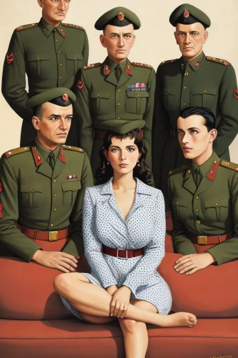 a painting of a woman sitting on a couch with a group of soldiers