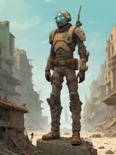 a man in a gas mask standing on a rock in a ruined city