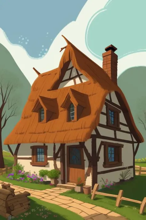 a cartoon house with a thatched roof and a pathway