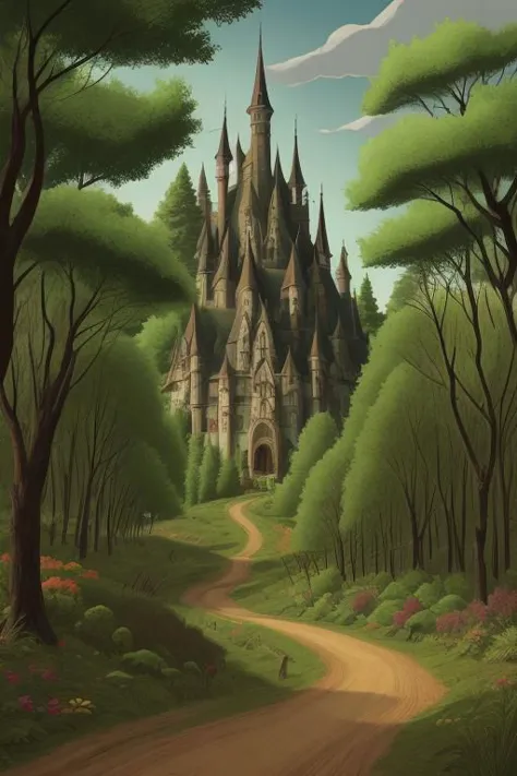 a painting of a castle in the middle of a forest