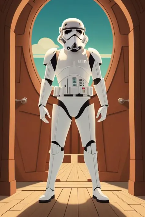 a cartoon storm trooper standing in front of a door